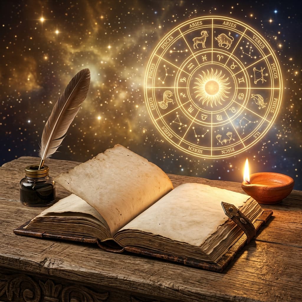 Astrology scroll book and diya render